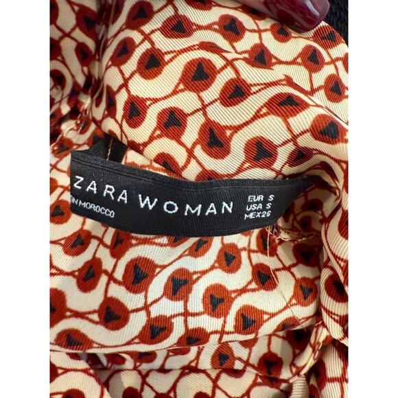 Zara Woman Geometric Print Red cream Tie-Neck Blouse - Size S - Picture 2 of 5